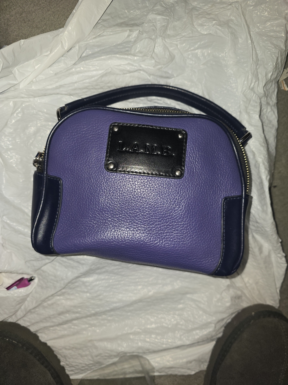 L.A.M.B. Purple and Navy Pebbled Leather Dome Small Handbag